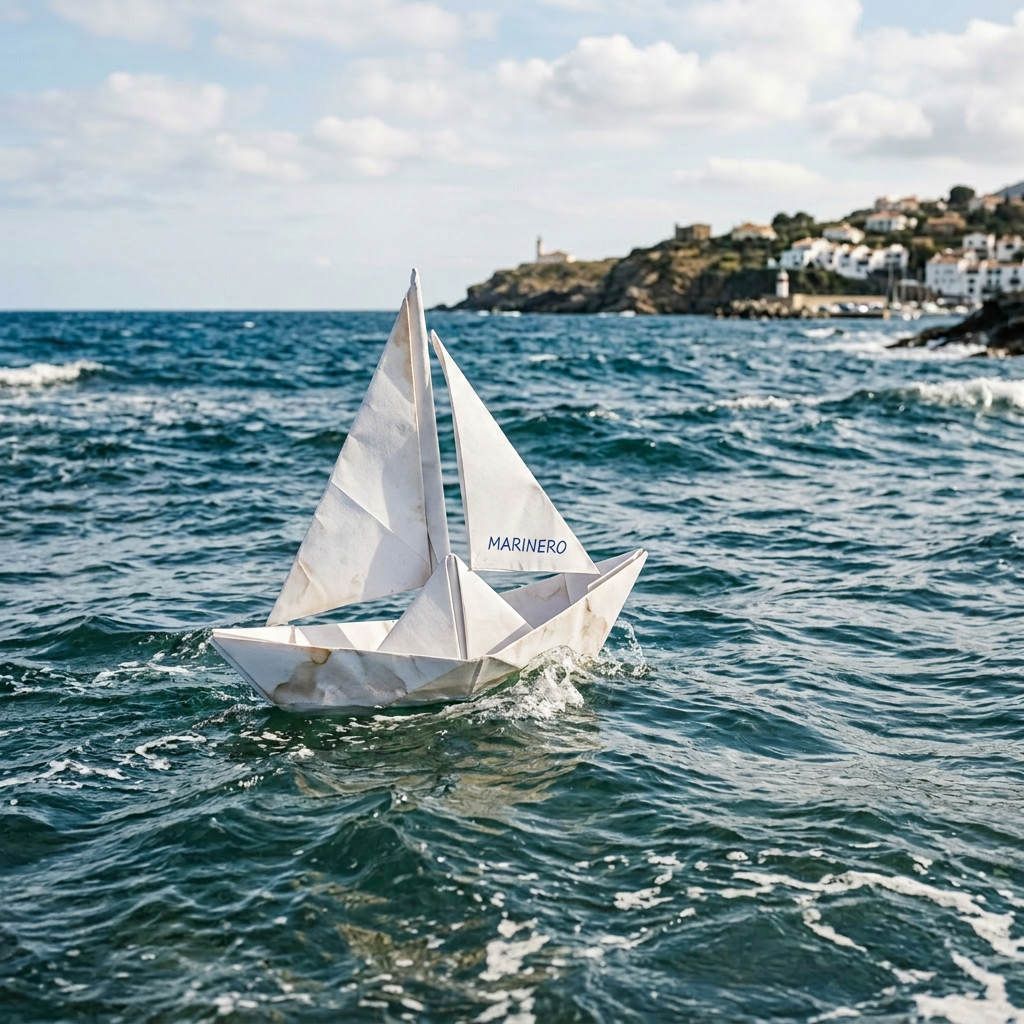 Paper sailboat with 'MARINERO' on sail floating on ocean water